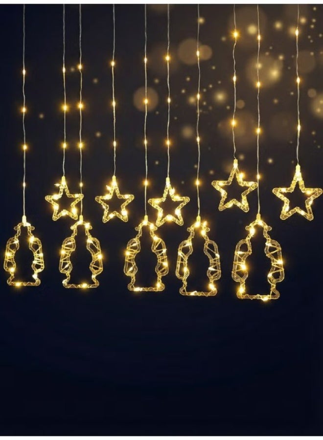 Ramadan Kareem & Eid Curtain String Lights with Stars and Lantern Pendants - Festive Decoration for Home Ambiance 3 Meter